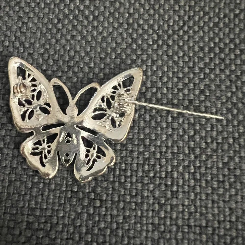 Vintage Silver Tone Marcasite Butterfly Brooch Pin 2 Inch Cottagecore